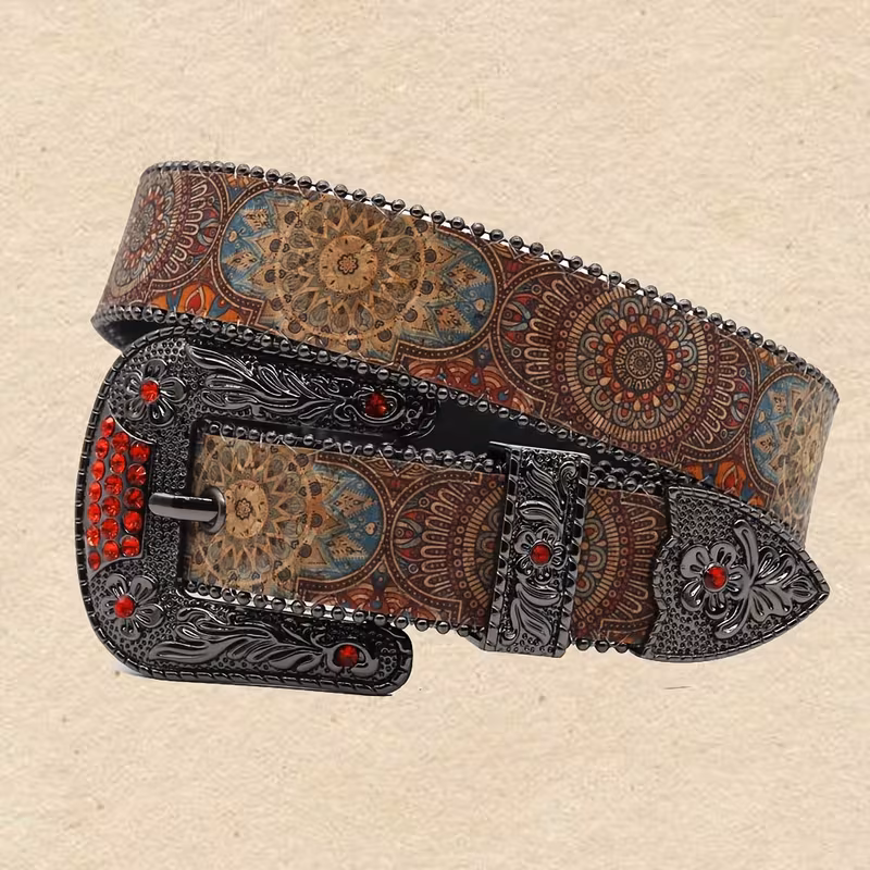 Vintage Women's Printed Floral Buckle Rhinestone Belt