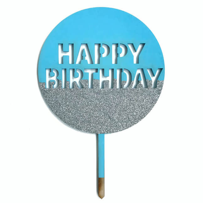 Блакитний топер зі срібним гліттером "Happy birthday"