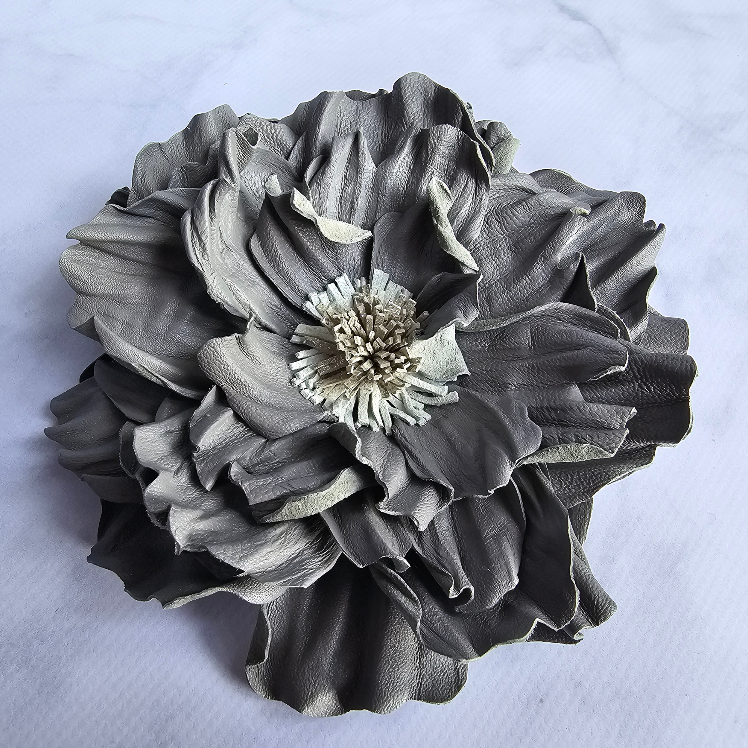 Leather Flower Brooch Grey