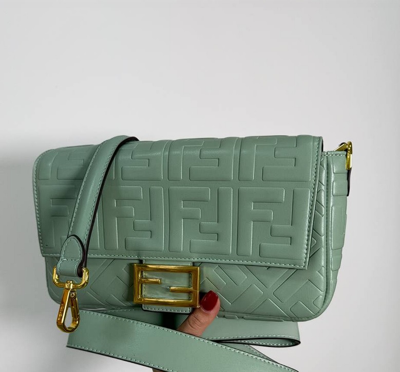 Fendi Baguette FF Embossed LeatherOlive / Gold Bag