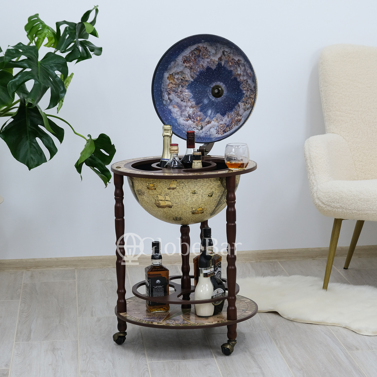 Глобус напольный на 3-4 бутылки, диаметр 40 см, кремовый (55 х 55 х 93 см), 40001NCG40