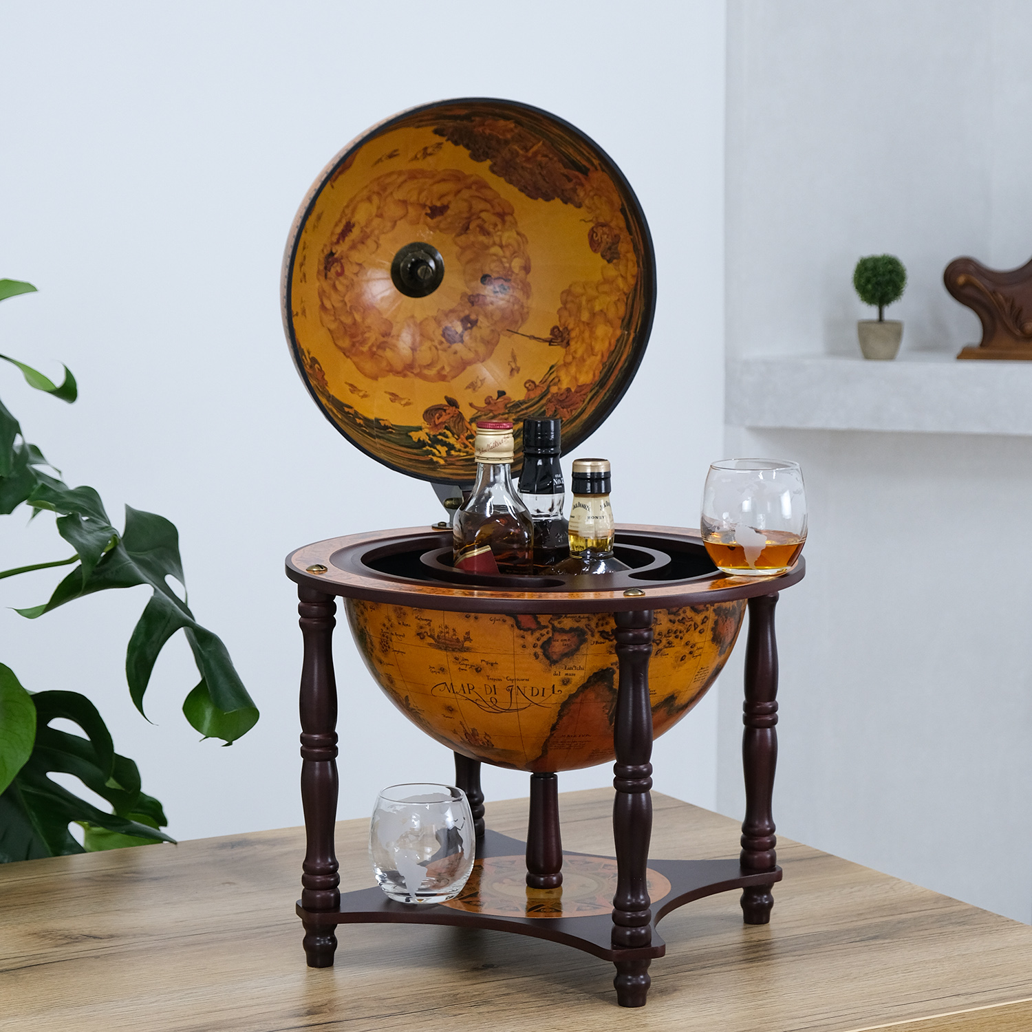 Глобус-бар настільний на 3 пляшки, діаметр 33 см, коричневий (41 х 41 х 57 см), 33006R
