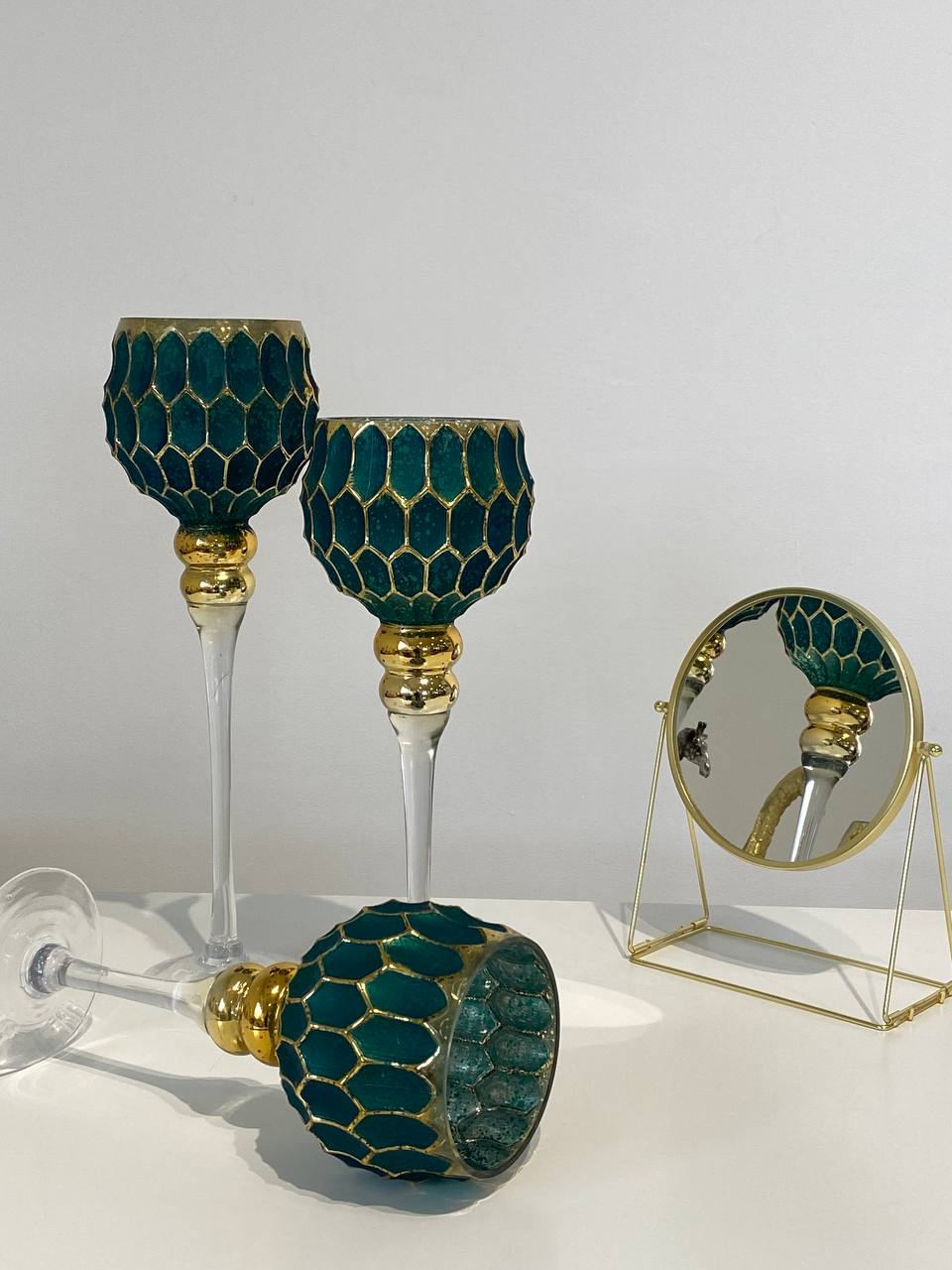 Набір скляних свічників, смарагдовий із золотом