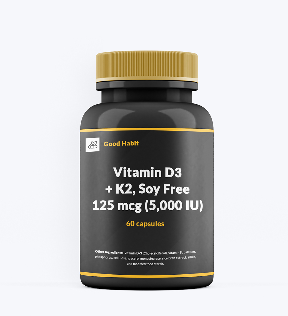 Vitamin D3 + K2, Soy Free, 125 mcg (5,000 IU), 60 capsules