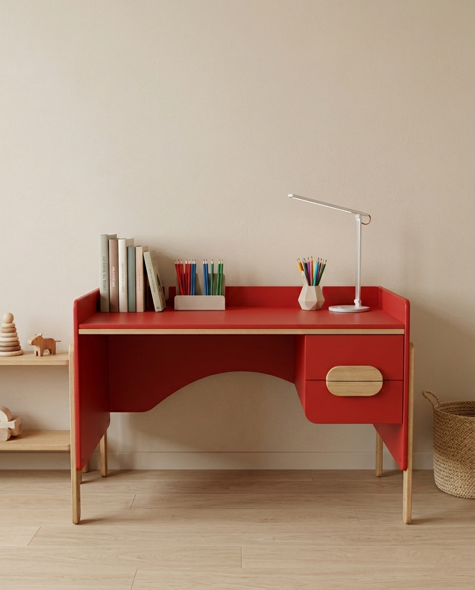 Зростаючий письмовий дерев'яний стіл з колекції Брунька дизайнерський для школяра регульований по висоті з ящиками Натуральний/кораловий