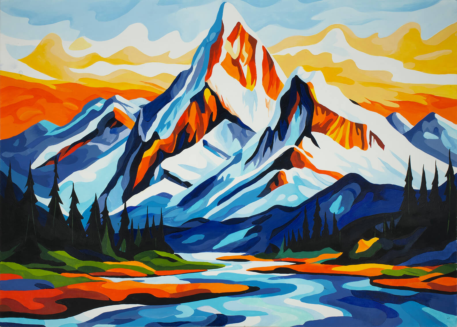 Sunset in the mountains, 30x42 cm original acrylic painting on paper