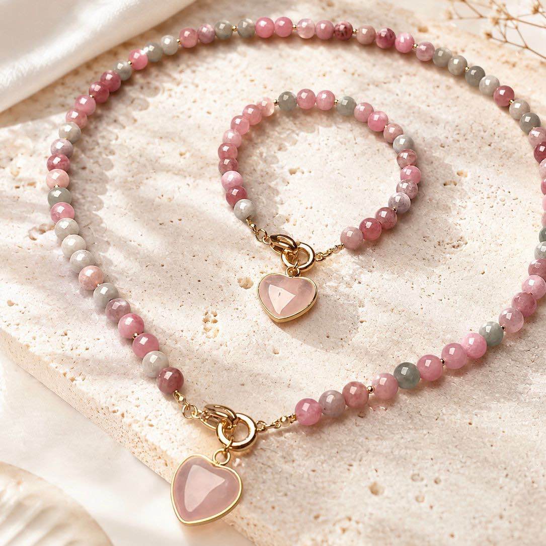 Rose Quartz Heart Jewelry Set – Quartz Necklace & Bracelet, 6mm Gemstone Bead