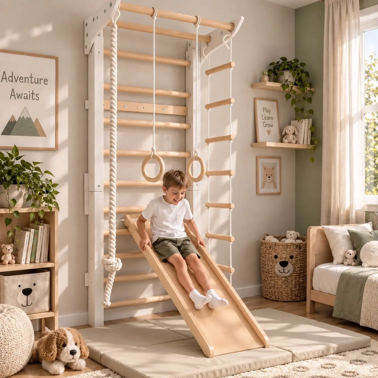 Leni Bewegungswand für Kinder Naturweiß – Sprossenwand aus Holz mit Seil und Leit