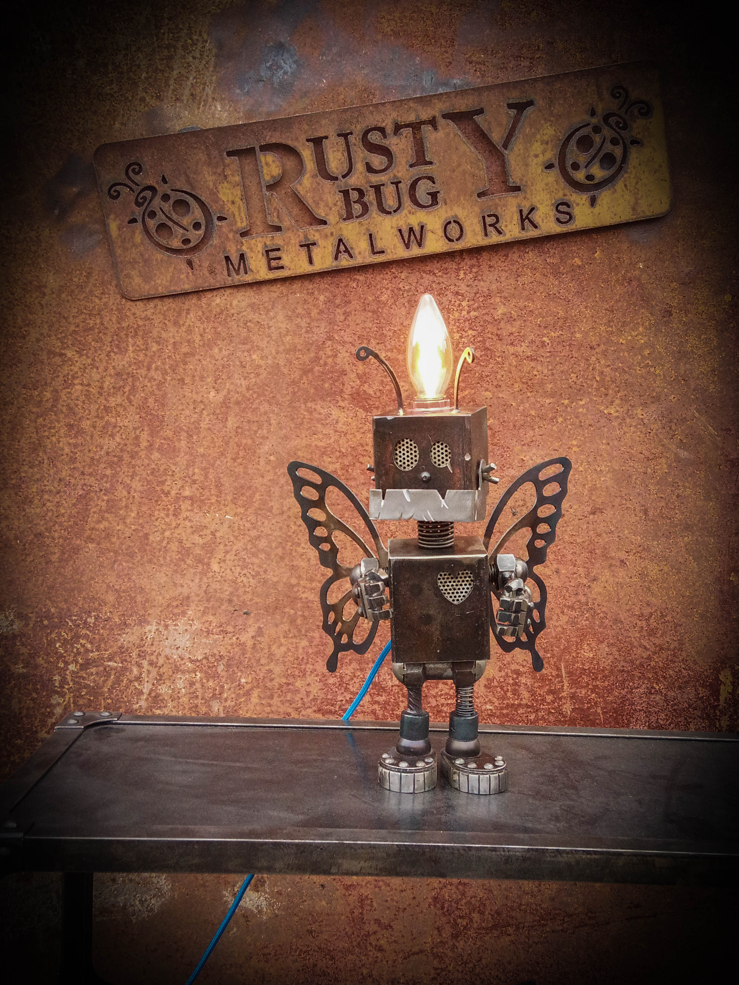 Cute little kind butterfly robot metal steampunk sculpture table lamp/ made in Ukraine