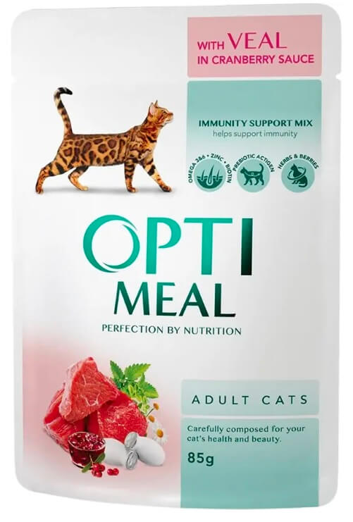 Оптіміл пауч для дорослих котів з телят. в журавл.соусі 85гр.