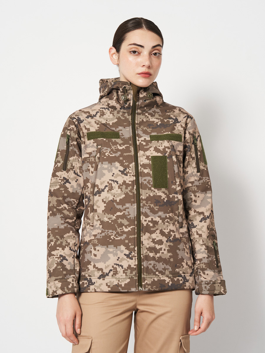 Тактична жіноча куртка UKM Softshell піксель з липучками