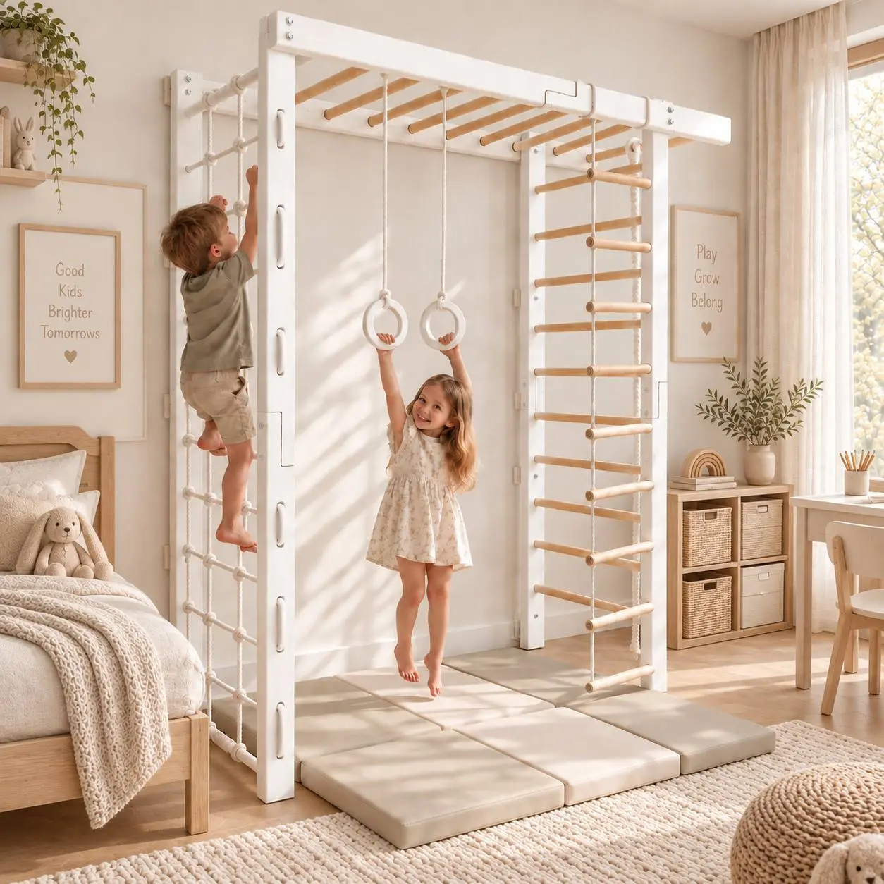 Mila – Natur-Weiß Indoor Kletterstation & Spielwand für Kinde