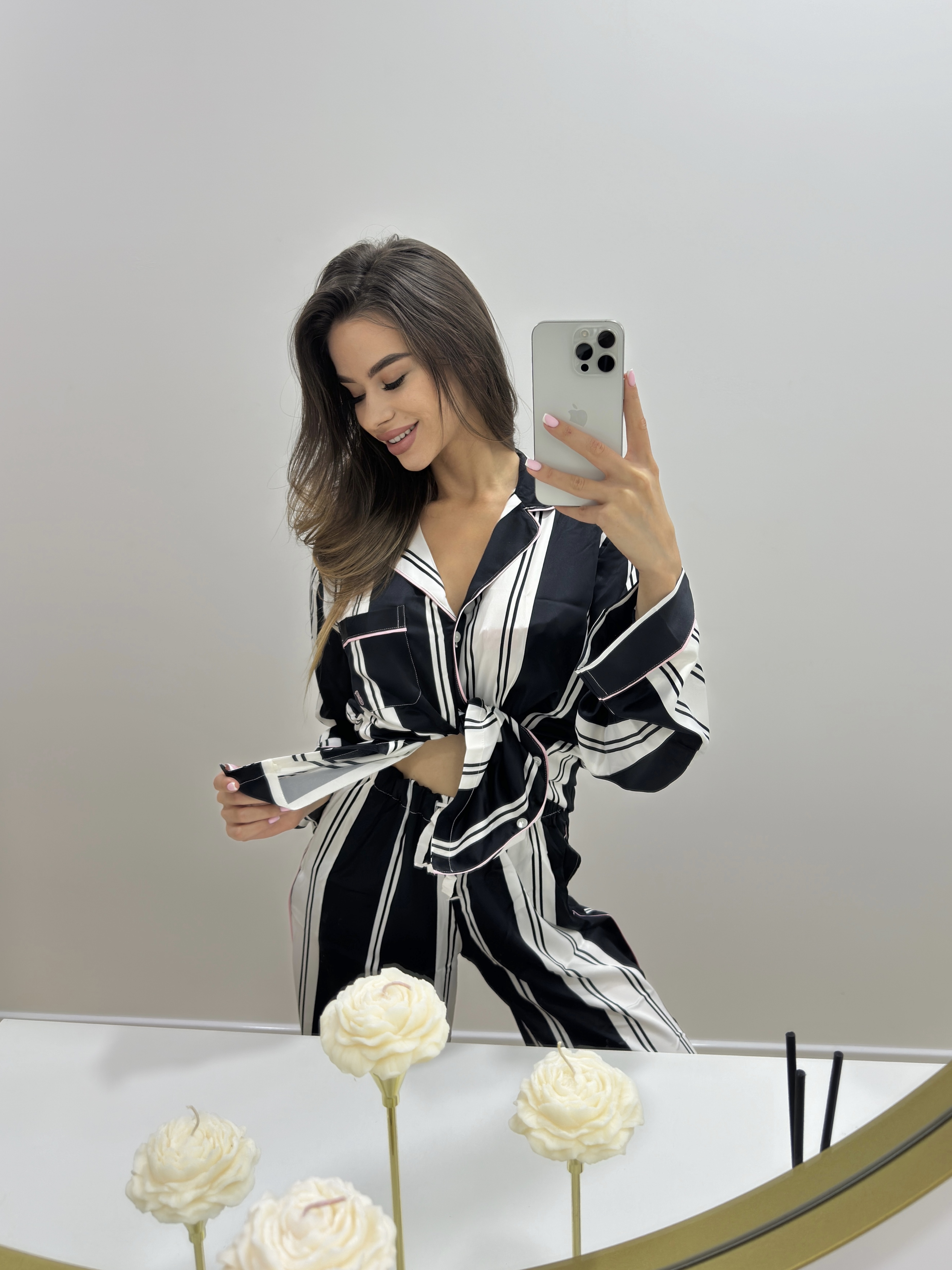 Піжама (сорочка+штани) VS Satin Long Pajama Set Coconut White & Black Stripes