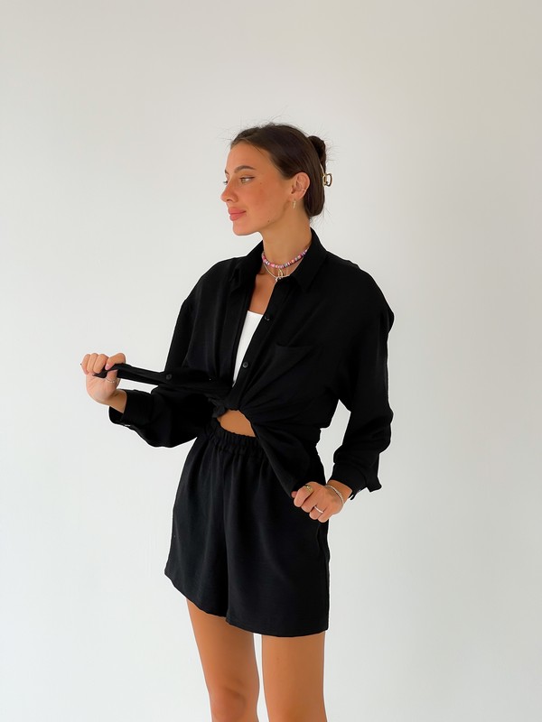 Літній костюм із жатки сорочка оверсайз + шорти - Чорний IWOMAN
