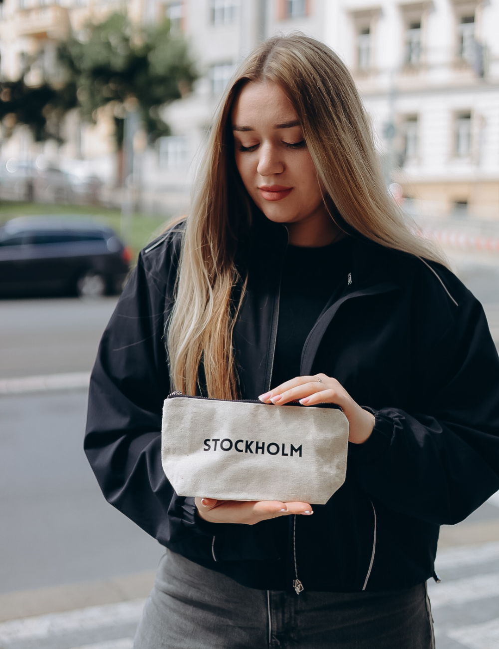 Cotton cosmetic bag with coloured Stockholm print