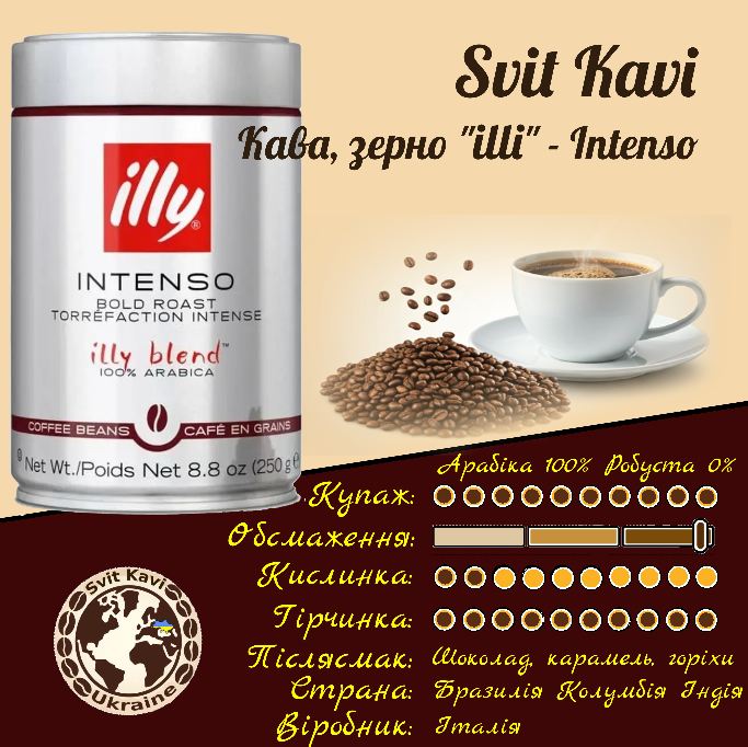 Кава в зернах Illy Intenso Арабіка100%+Робуста 0%, банка, Італія, 0,25кг.