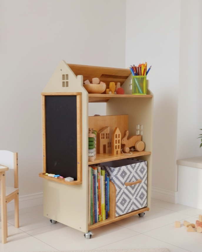 Дитячий стелаж дизайнерський Монтессорі для іграшок та книжок дерев'яний з грифельною дошкою на коліщатках Хмарочос - Пісочний/лаковий