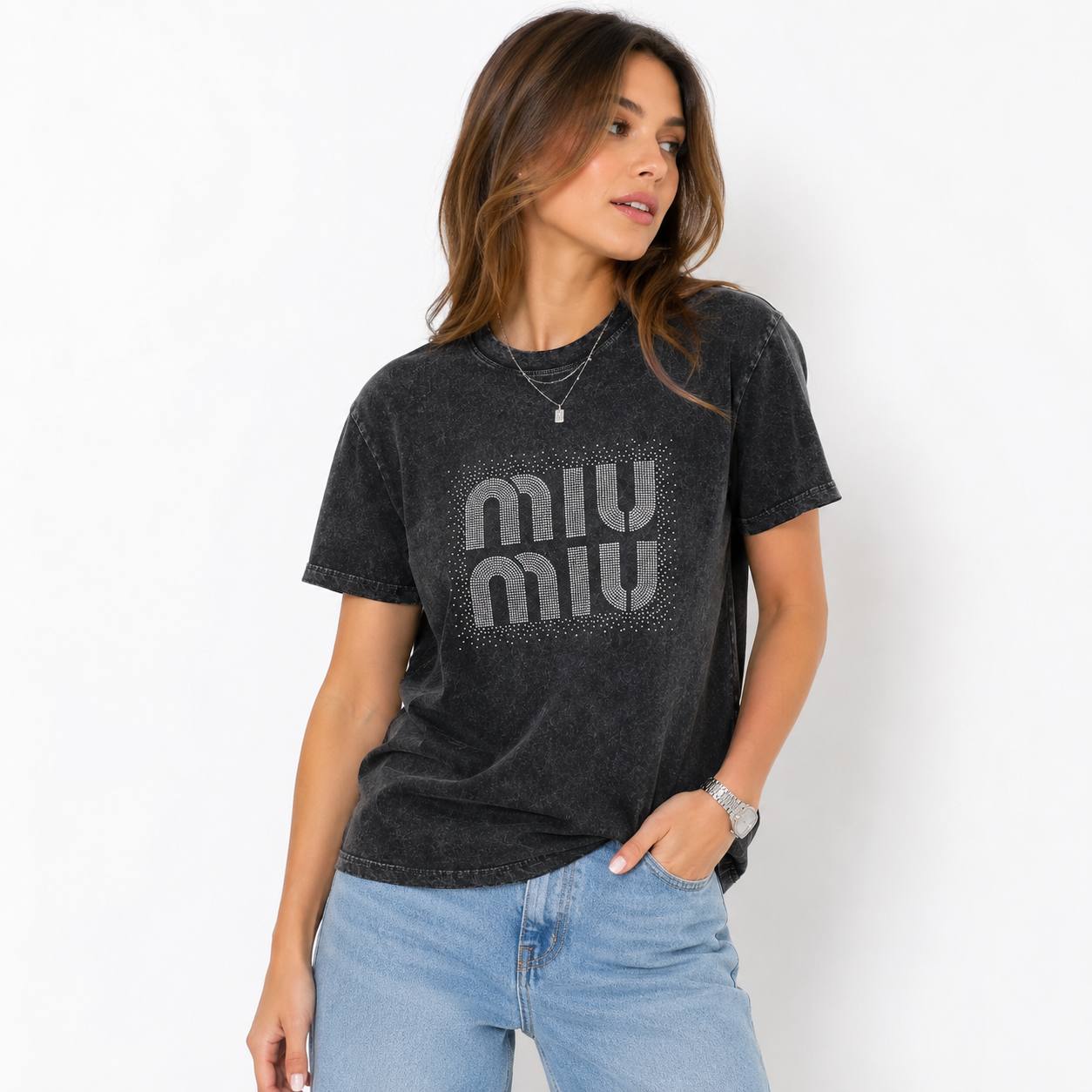 Жіноча футболка Miu Miu з ефектом «варенки» та стразами