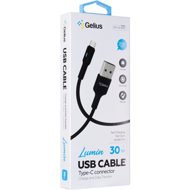 Кабель USB Gelius Lumin Lamp GP-UC100C USB-A to Type-C (2m) (30W) Black