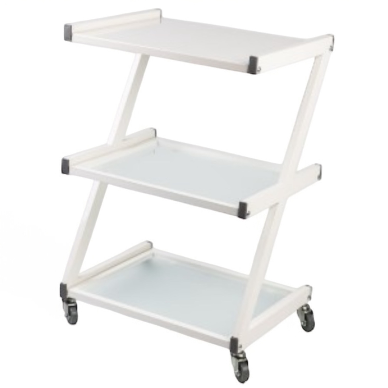 Візок косметологічний маніпуляційний з трьома полицями, Z-подібний з верхньою металевою полицею, білий