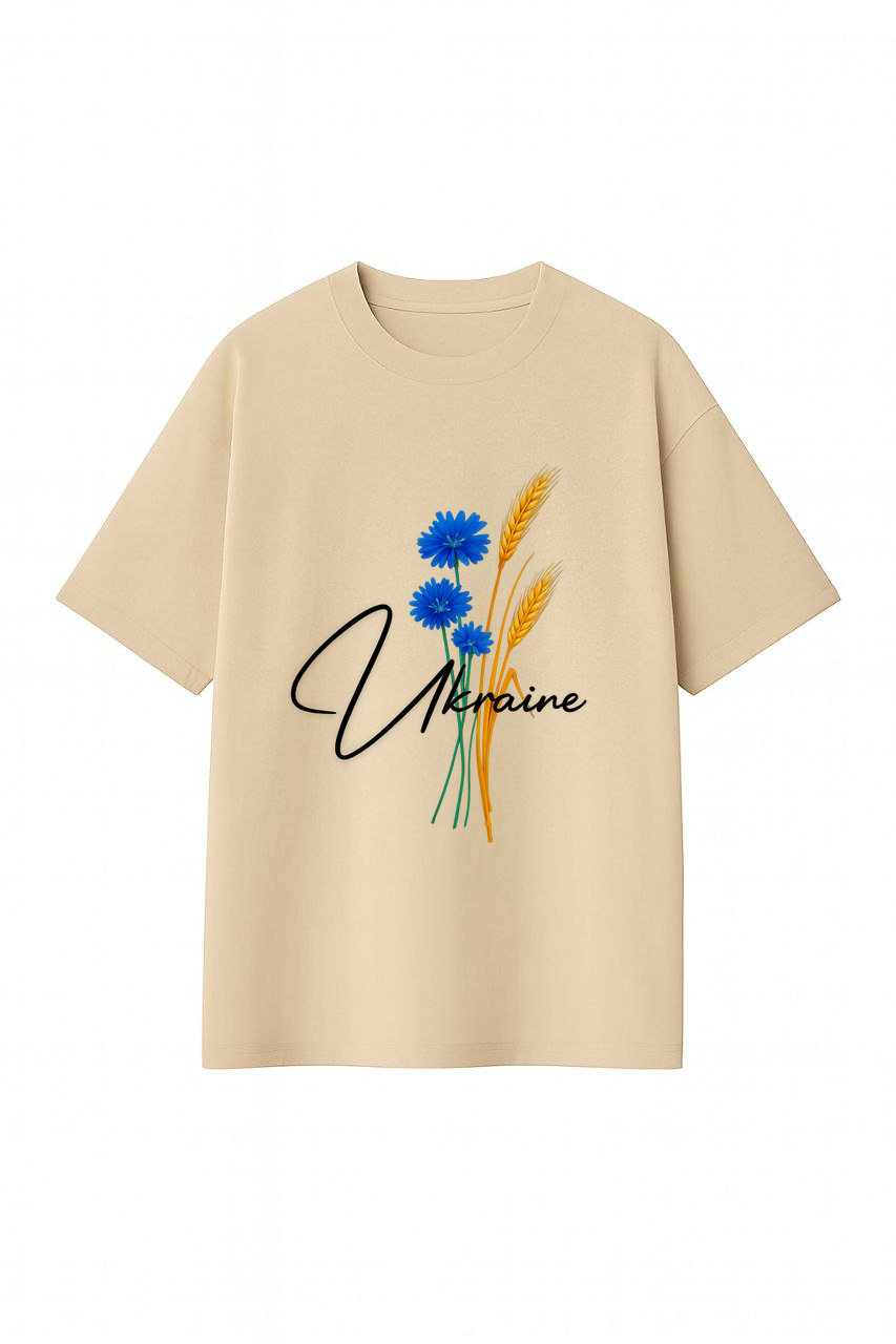 ФУТБОЛКА ОВЕРСАЙЗ БЕЖЕВА З ПРИНТОМ "КОЛОСОК УКРАЇНА"