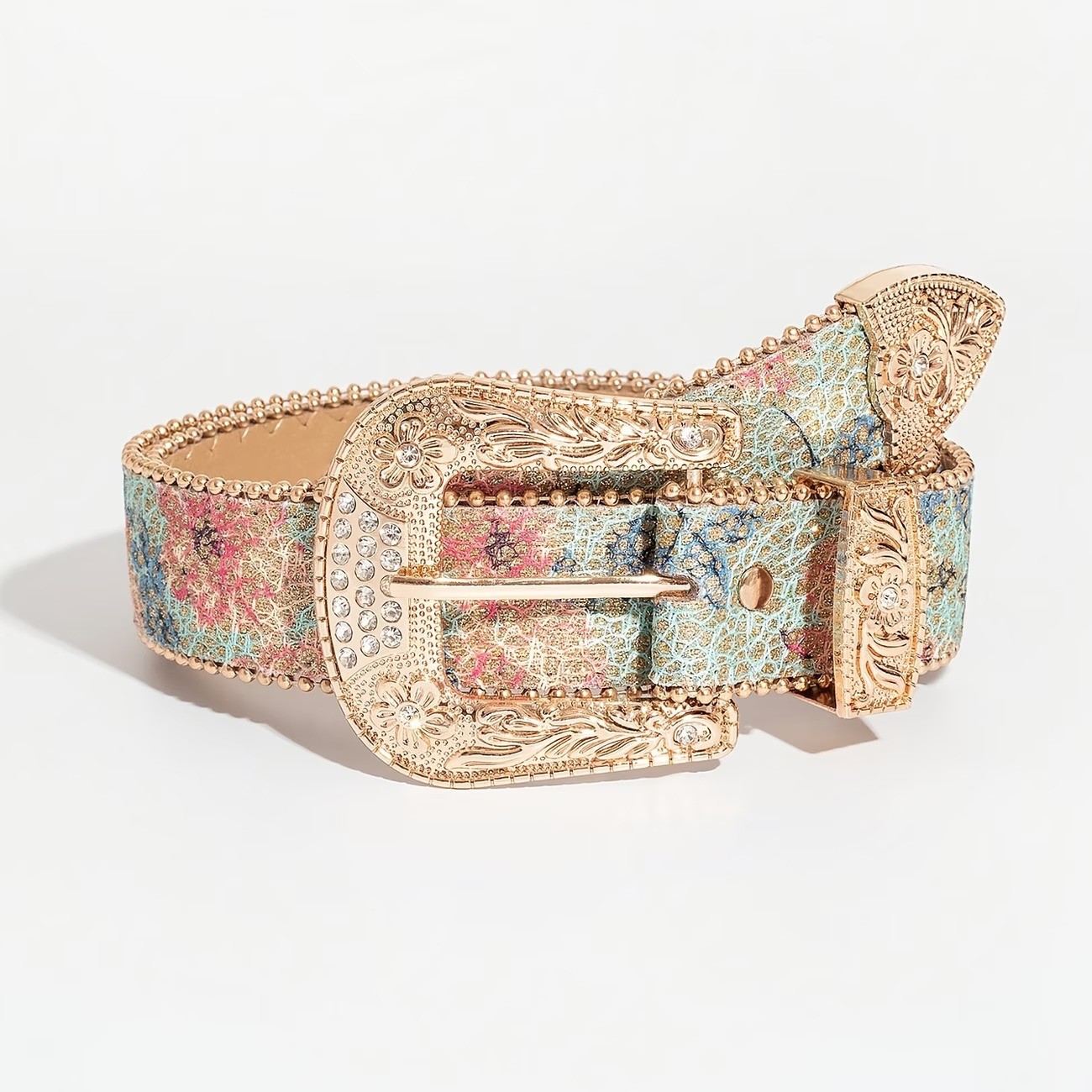 Light Luxury Bright Metal Buckle Light Color Flower Print Pattern Bead
