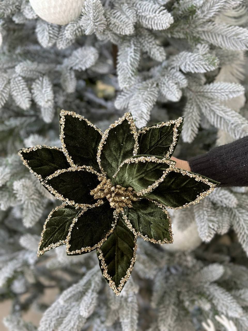 Декоративна квітка Пуансетія з оксамиту з глітером 28 см, ніжка 50 см (в наявності 1шт)