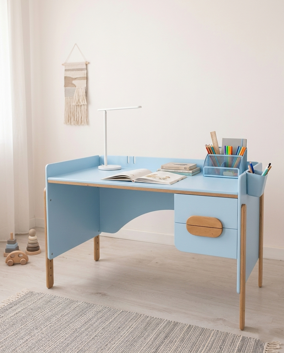 Зростаючий письмовий дерев'яний стіл з колекції Брунька дизайнерський для школяра регульований по висоті з ящиками Натуральний/блакитний