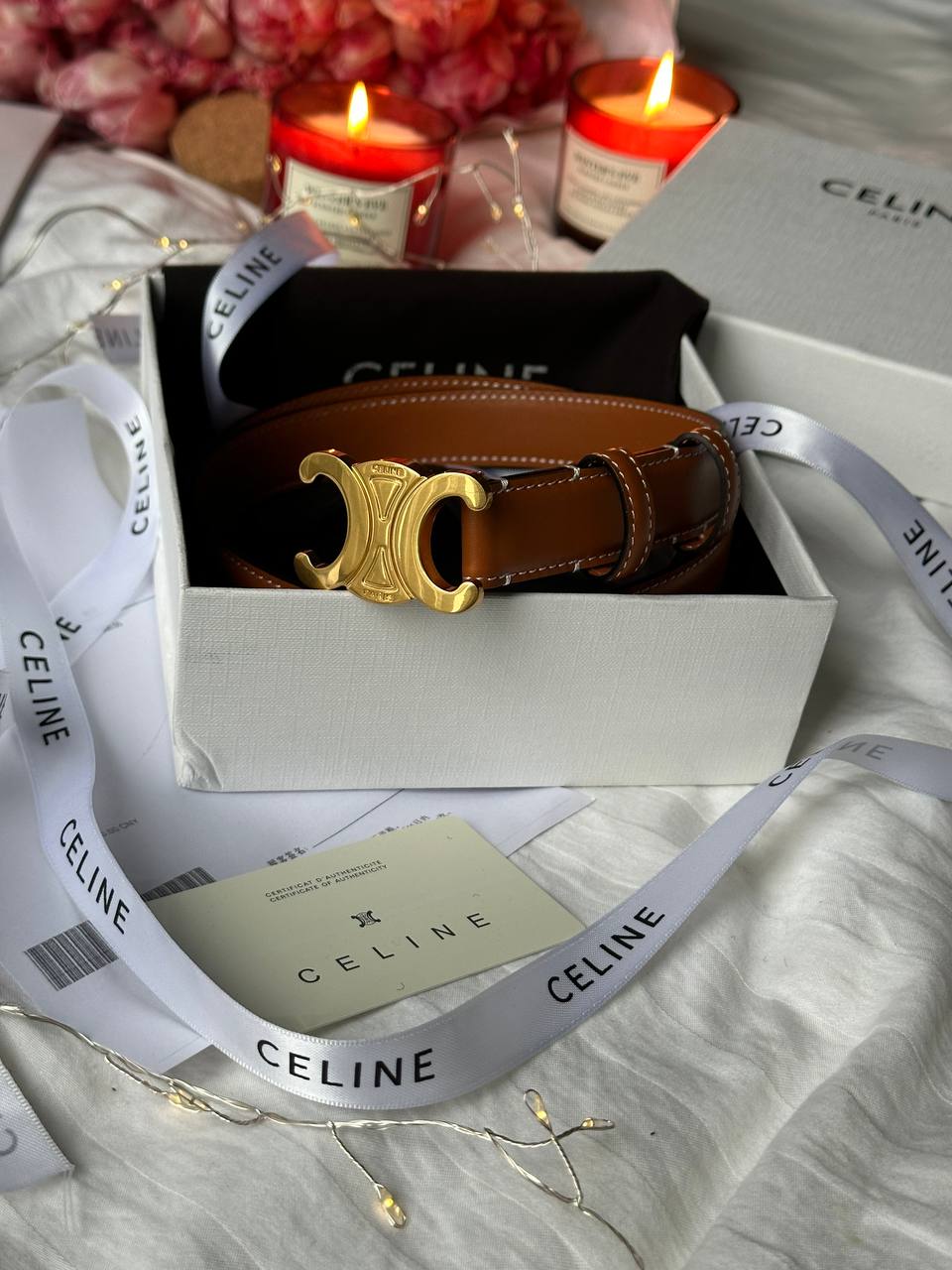 Celine Medium Triomphe Belt In Taurillon Leather Brown