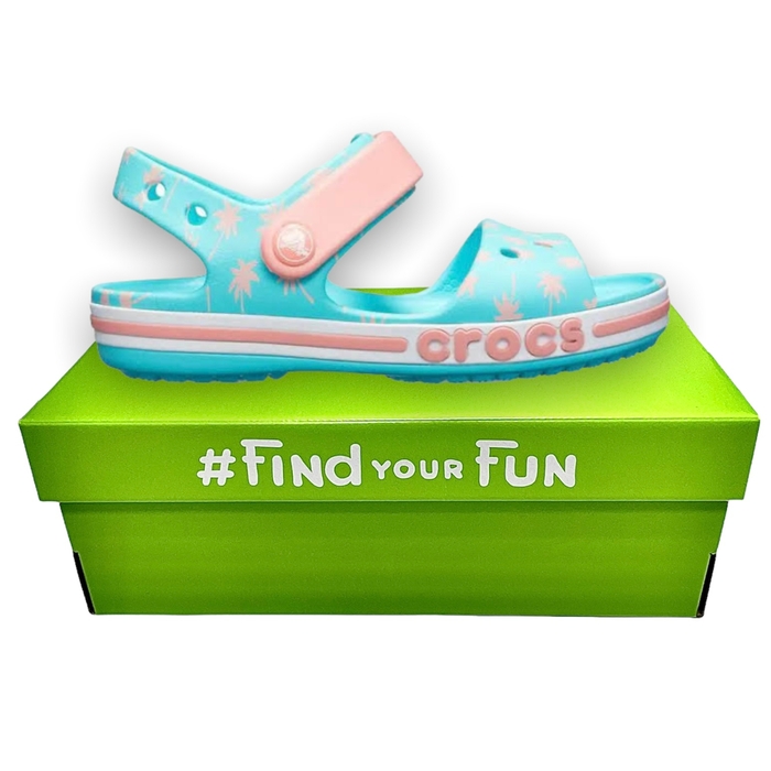 Crocs Kids’ Bayaband Seasonal Graphic Sandal Pool Blue дитячі сандалі для дівчаток блакитні з пальмами