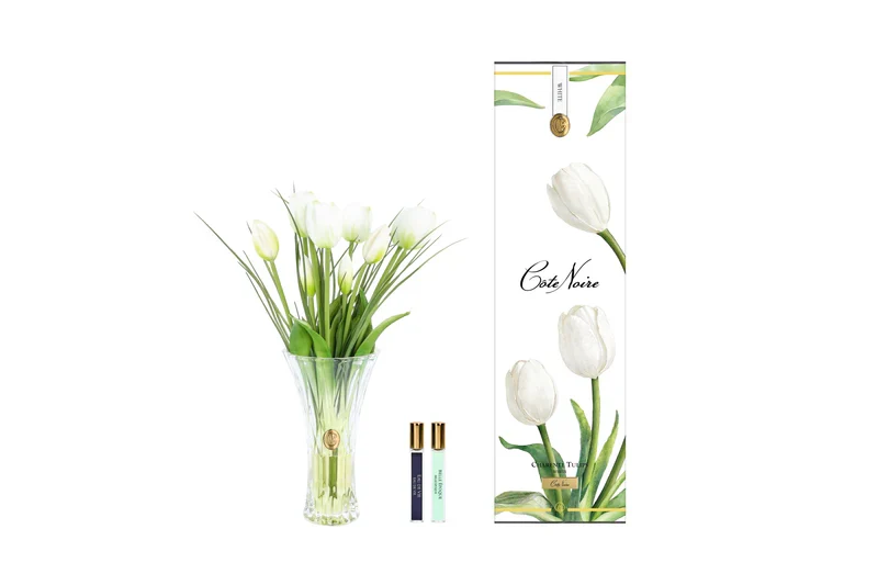 Аромаквіти Cote Noire Charente Tulips White — ароматичний букет білих тюльпанів у скляній вазі