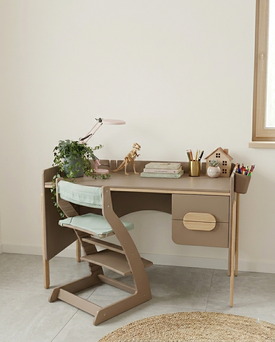 Зростаючий письмовий дерев'яний стіл з колекції Брунька дизайнерський для школяра регульований по висоті з ящиками Натуральний/мокко