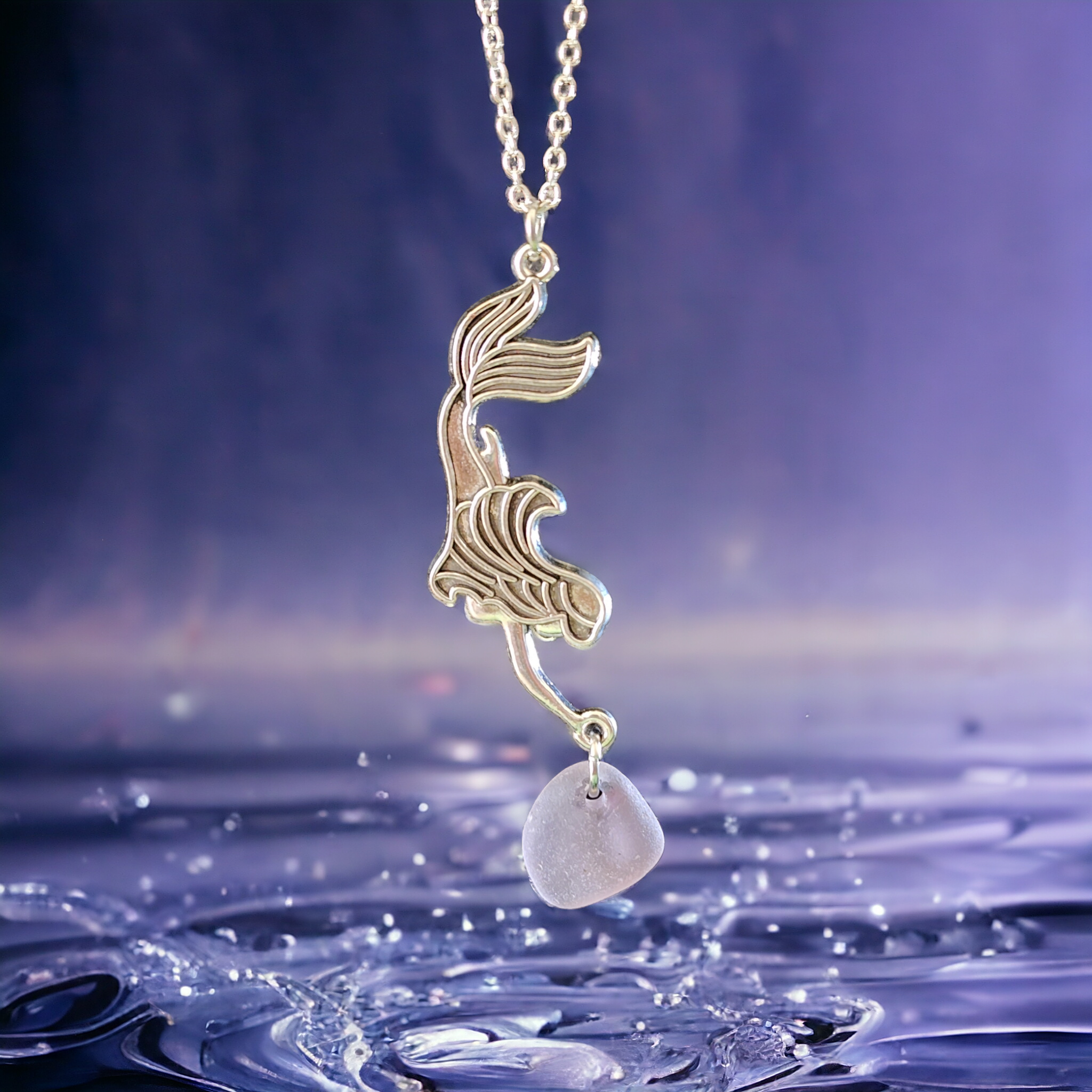 Lavender Mermaid Tear Sea Glass Necklace 