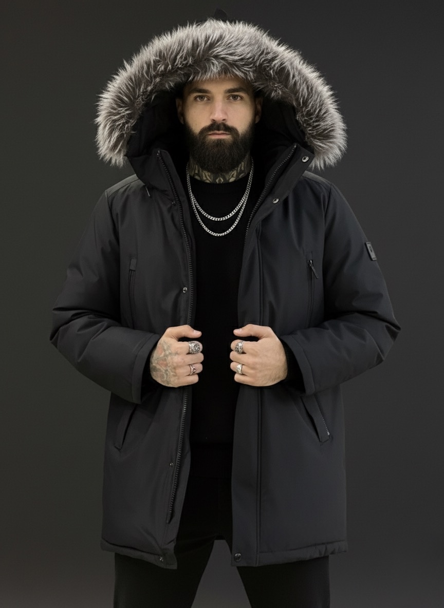 Подовжена чоловіча зимова куртка з натуральним хутром чорнобурки dark blue