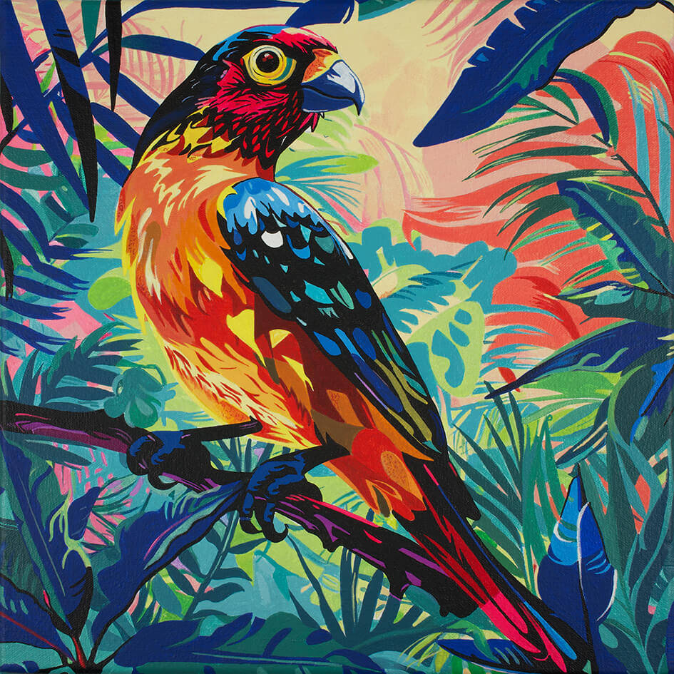 Bird in a rainforest III, 25x25 cm, original acrylic painting on canvas