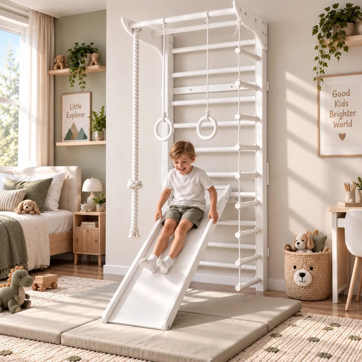 Leni Indoor Sprossenwand Weiß – Holz Sprossenleiter für Kinder mit Kletterseil