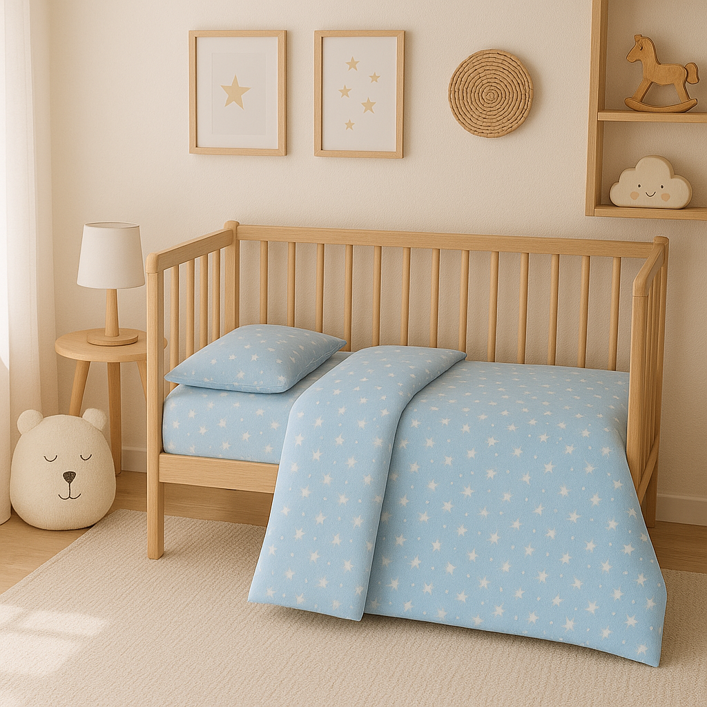 Дитяча постільна білизна ранфорс прінт  "Білі зірки на блакитному"