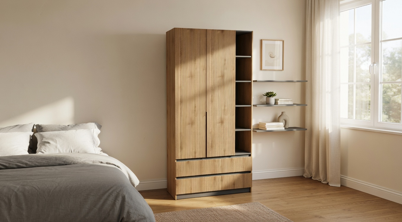 Шафа з трубою для одягу, відкритими полицями та шухлядами