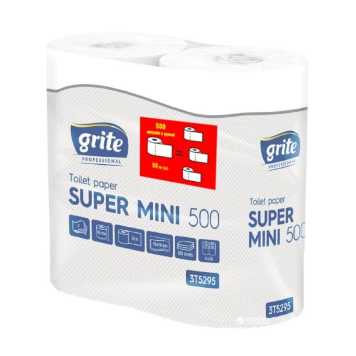 Туалетний папір Grite Super Mini 500, 100% cel, 96х110, 500 л, 55 м, 2 шар., 4 рул/уп