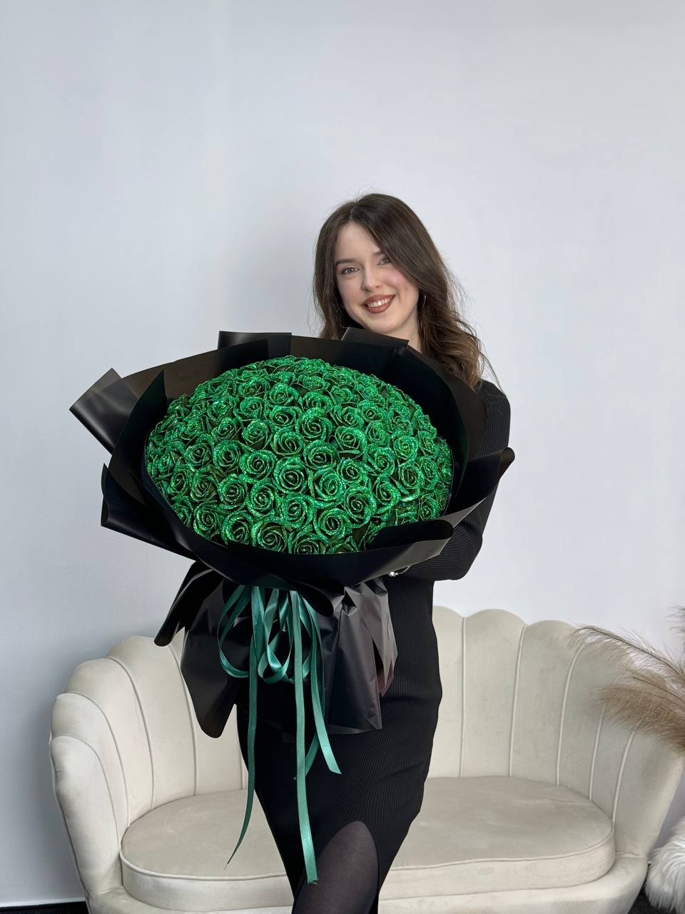 Зелений букет на 101 троянду з блискітками💚✨