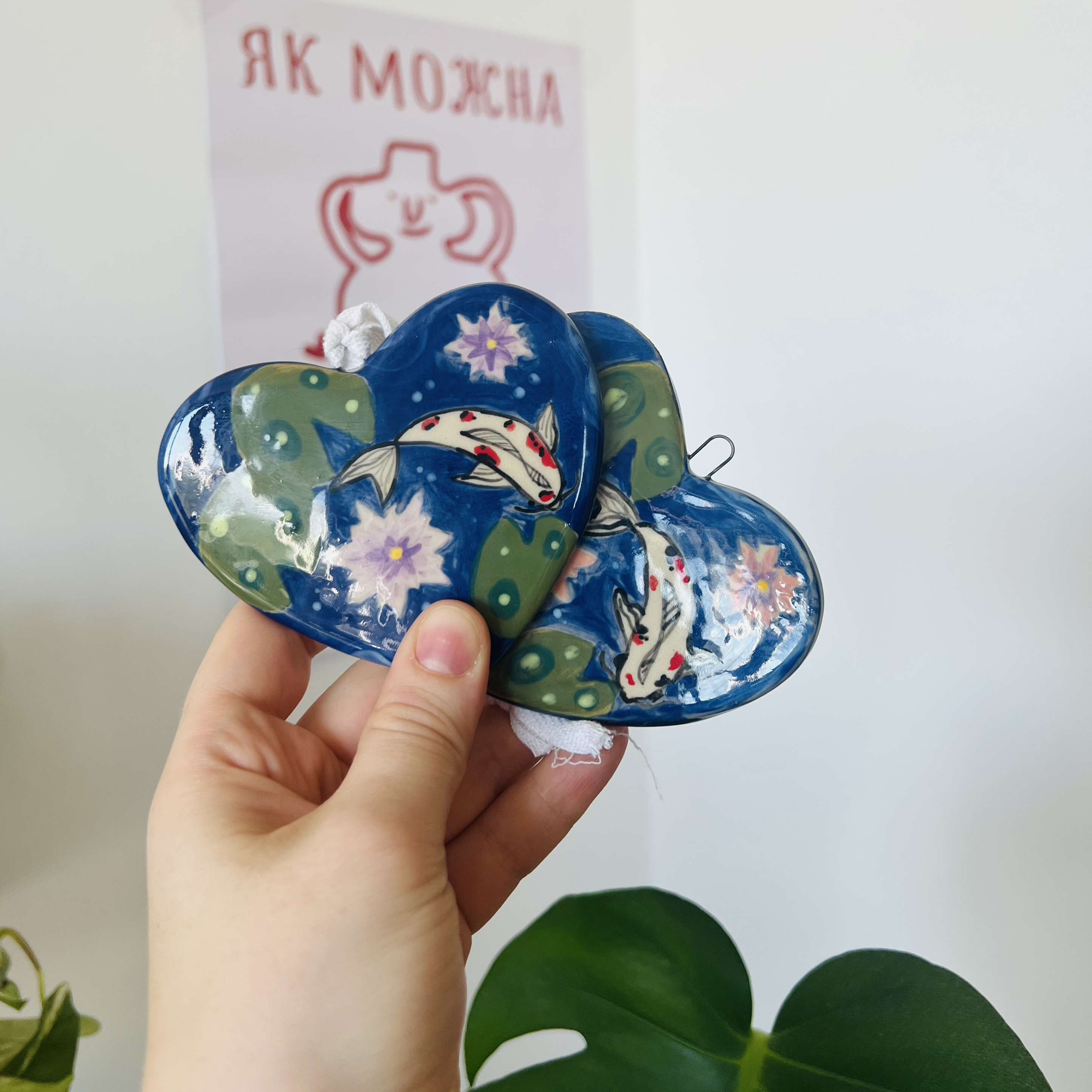 Handmade Heart-Shaped Ceramic Wall Decor with Koi Fish - Blue Water Lily Design - Asian Inspired Art - 10x8cm