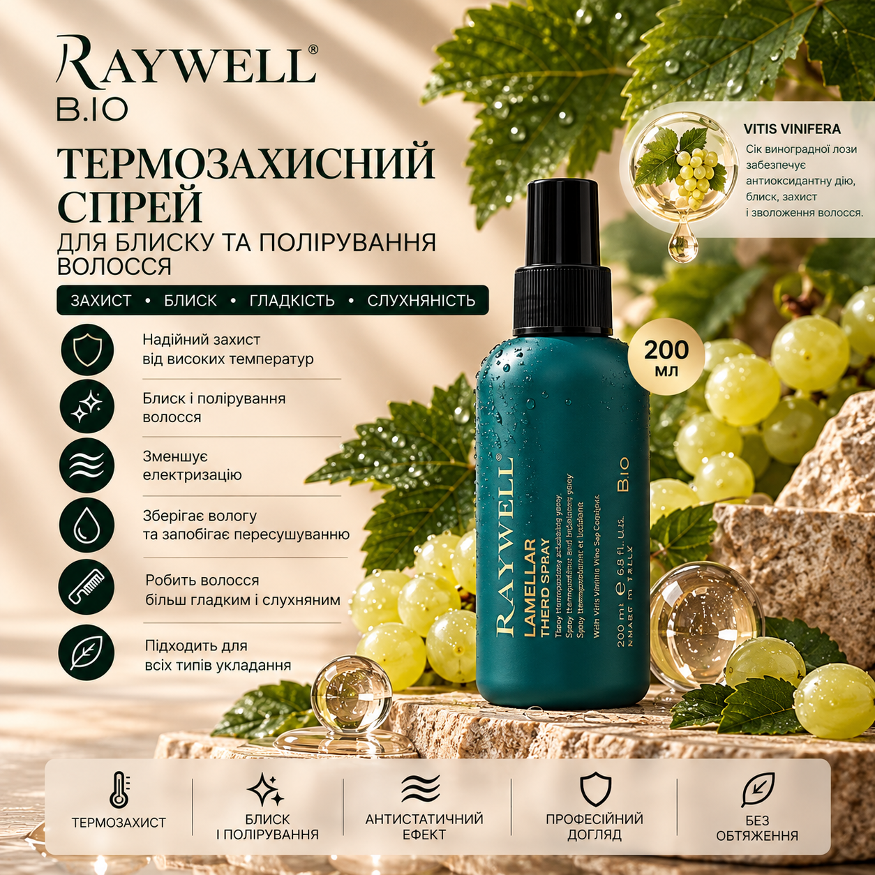 Термозахисний спрей для блиску та полірування волосся Raywell B.IO Lamellar