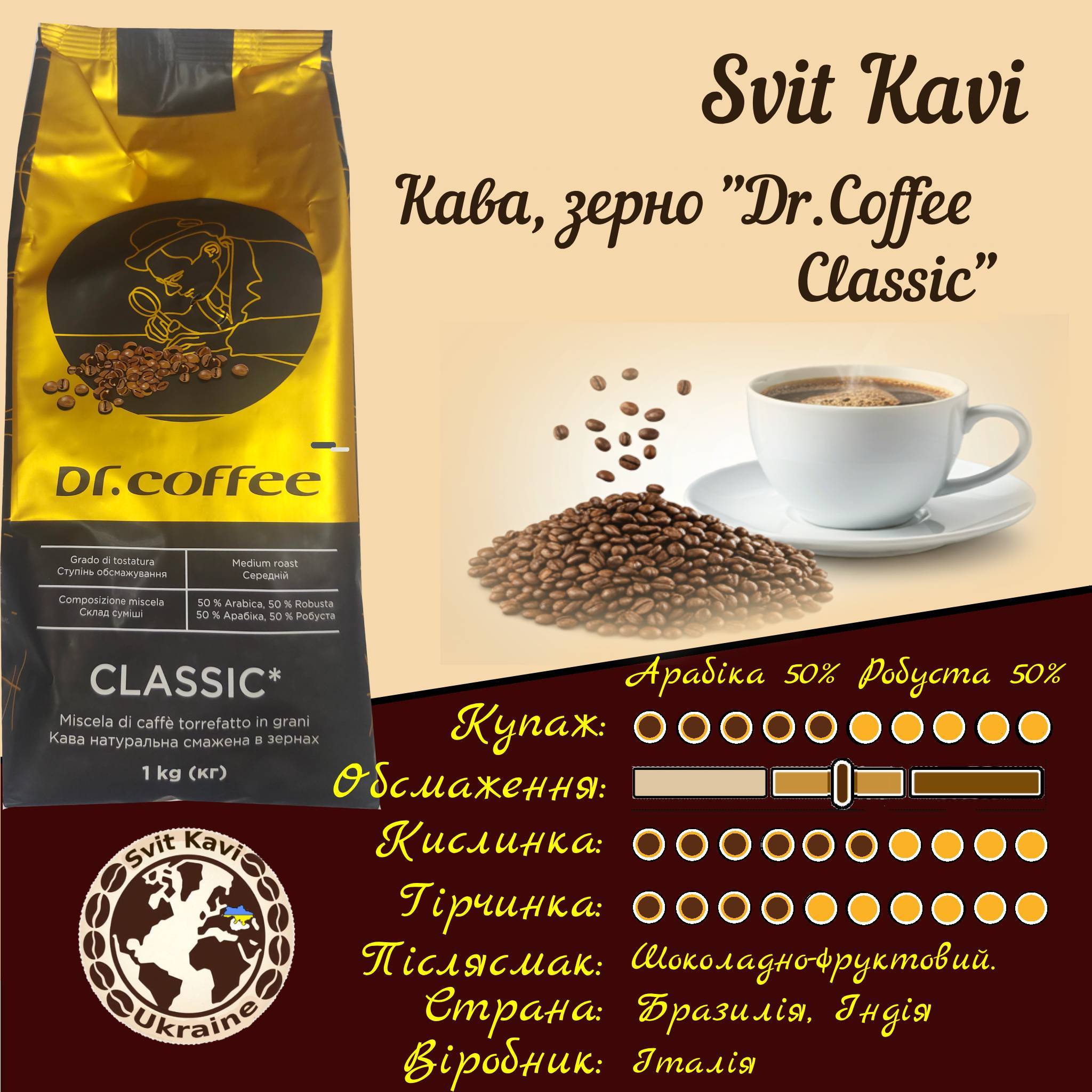 Зернова кава  Dr.Coffe Classic, 50/50, Італія, пачка 1кг