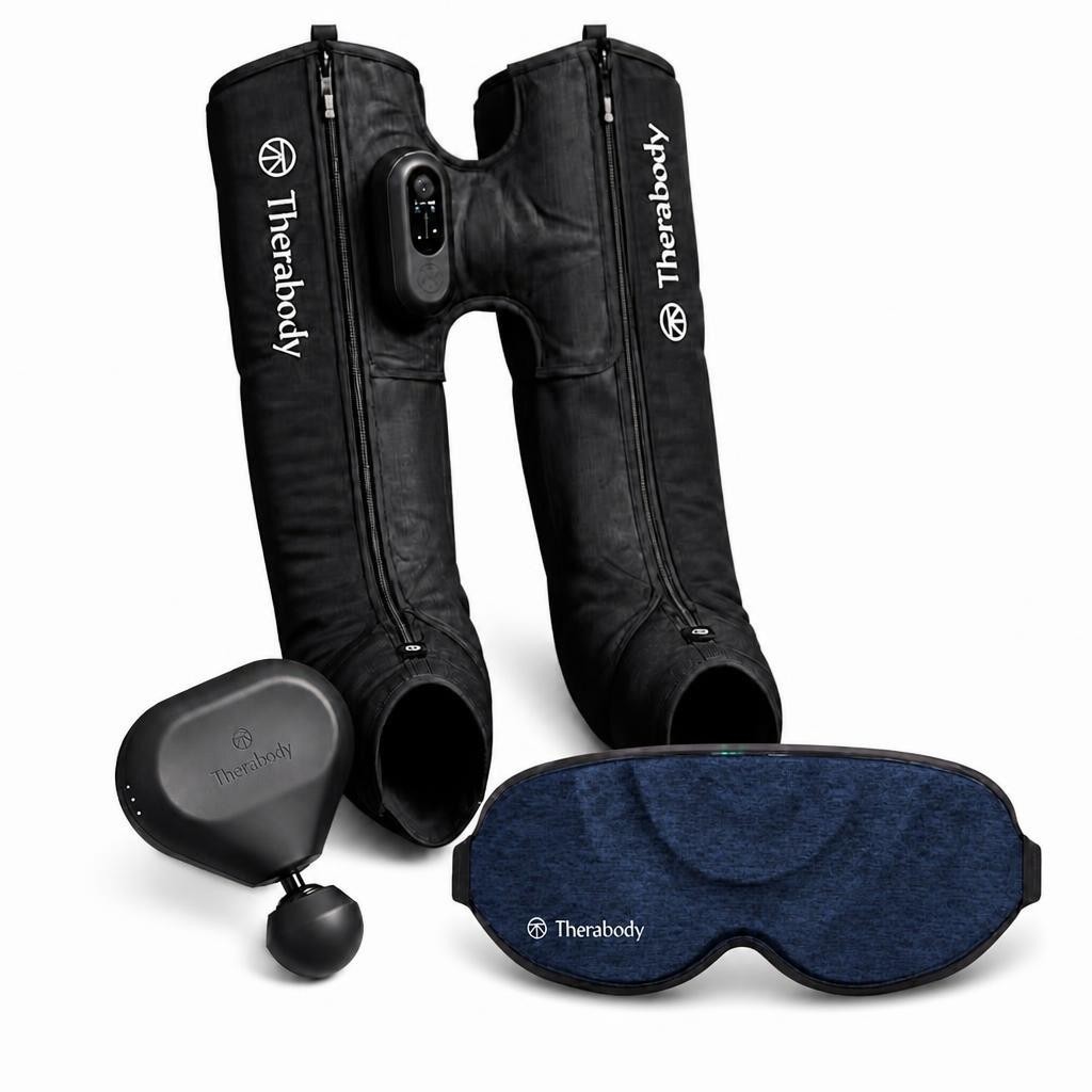 Набір масажна маска SleepMask, перкусійний масажер Theragun Mini 3.0 та компресійні чоботи JetBoots Prime