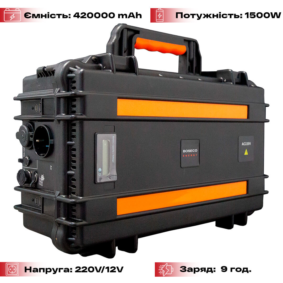 Портативний акумулятор з розеткою 220 вольт Boseco Energy bps 1500 ват 1500 ват годин 420 000 мАг