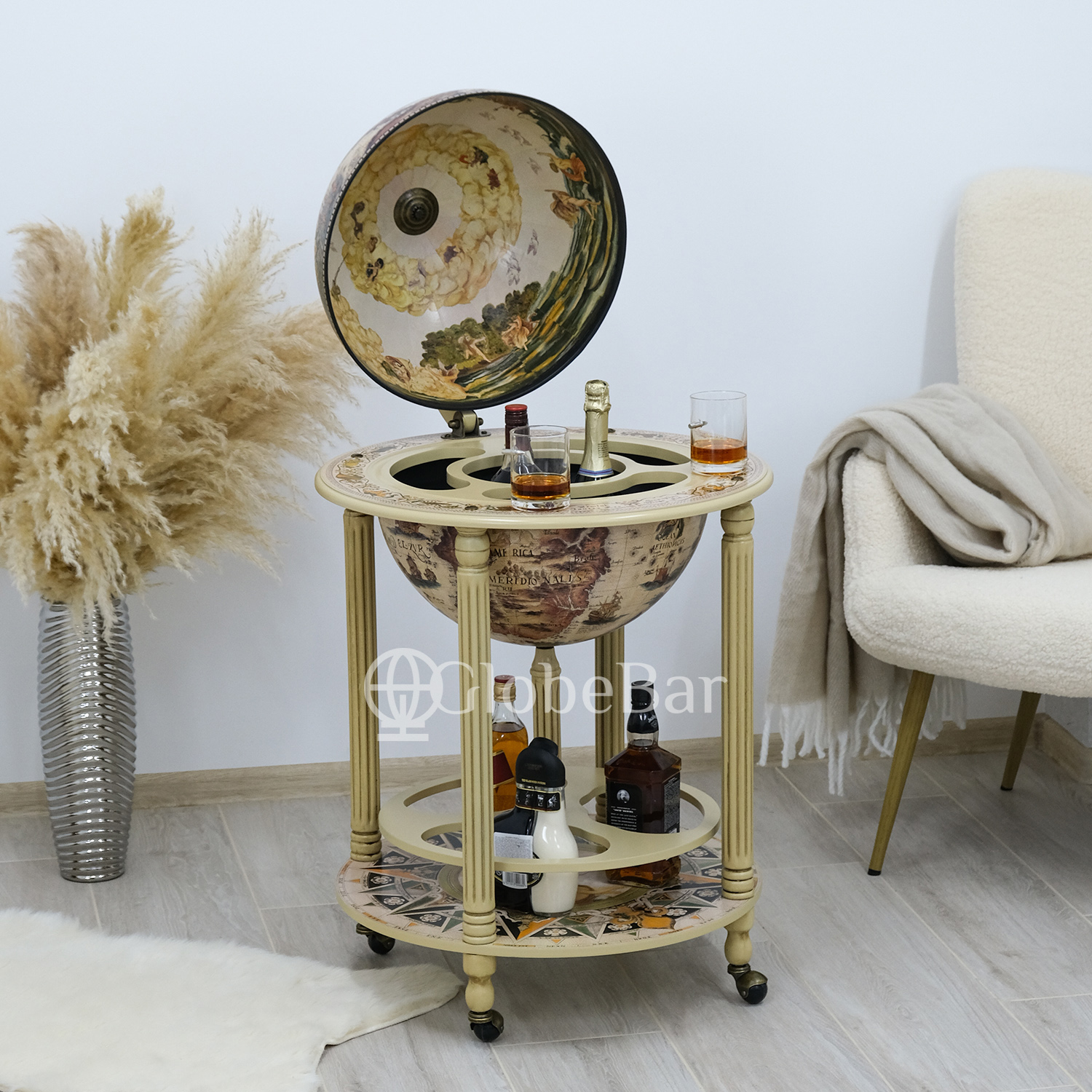 Глобус напольный на 5-6 бутылок, диаметр 45 см, айвори (60 х 60 х 95 см), 45003WW17