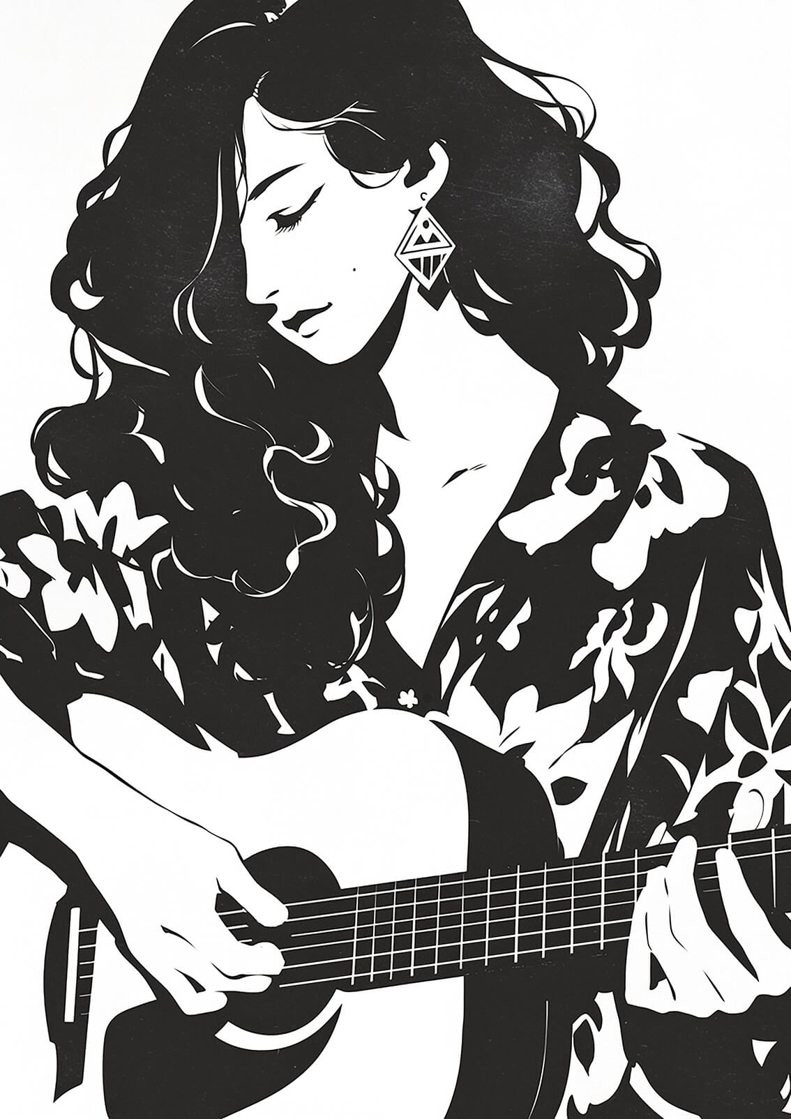 Lady Guitarist, 42x30 cm original ink painting on paper