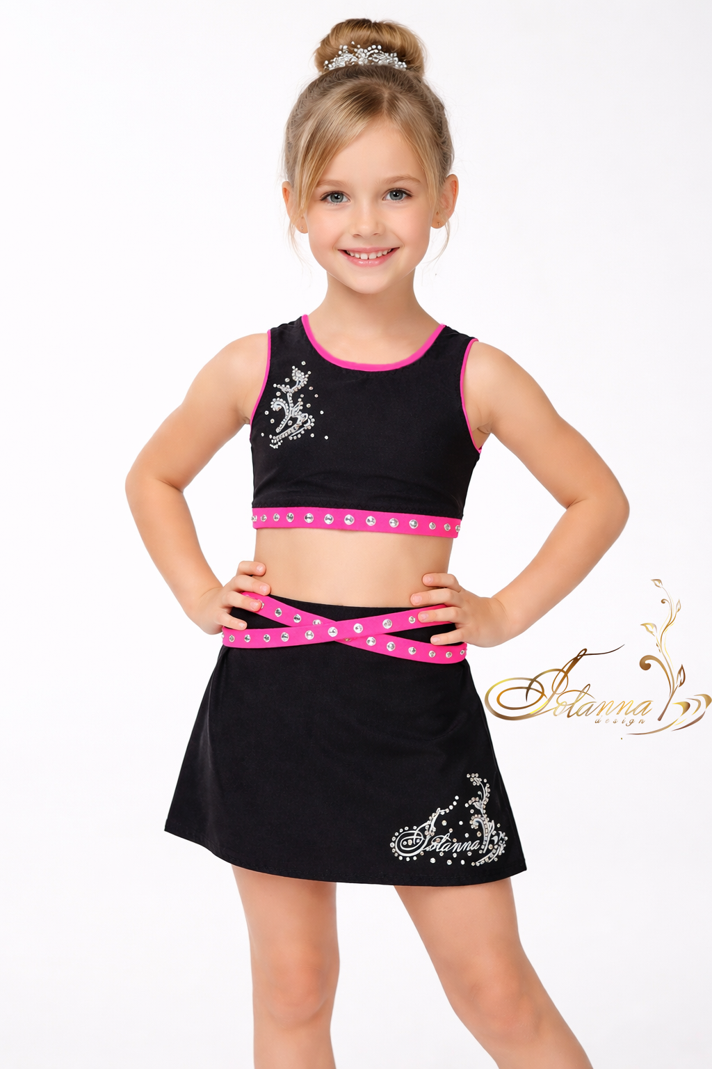 Girls' Dance Costume - Black Crop Top & Skirt Set with Rhinestones