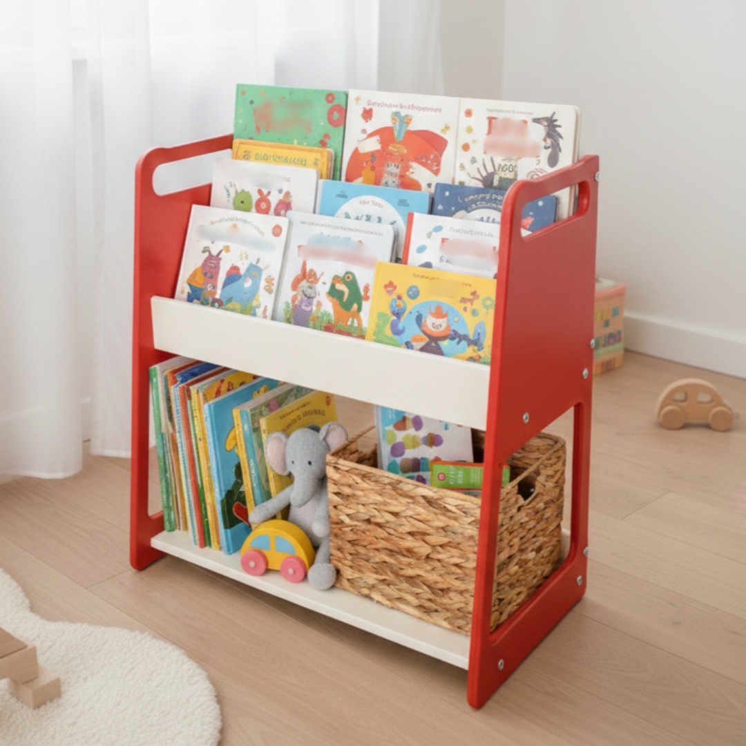 Дитячий стелаж дизайнерський Монтессорі для іграшок та книжок дерев'яний Кубі - кораловий/білий