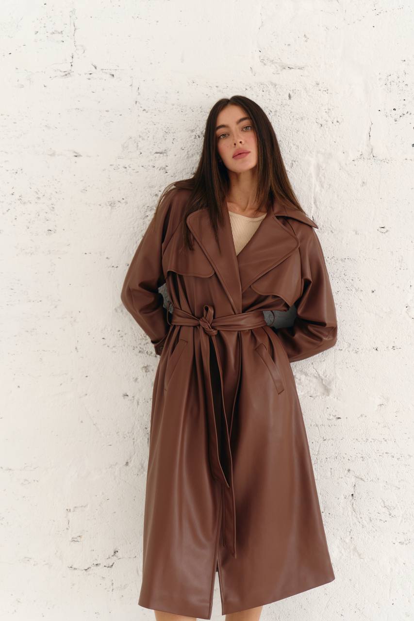 Тренч з еко шкіри на запах - Коричневий IWOMAN